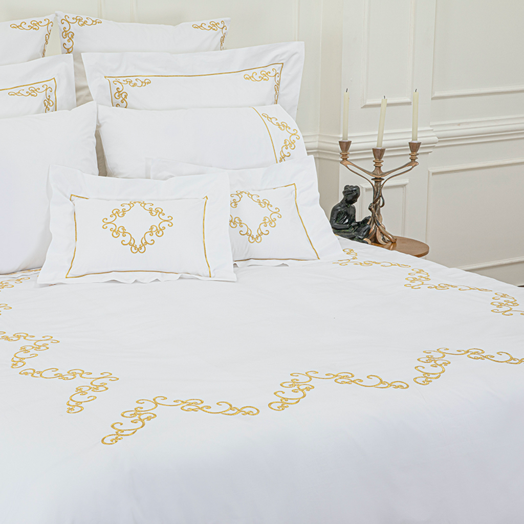 Our range of timeless machine embroidered bed linen patterns date back over forty years and have been supplied to royal households and private homes throughout Europe. 