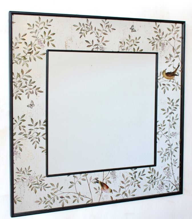 Large Rectangular Black Frame Chinioserie Mirror