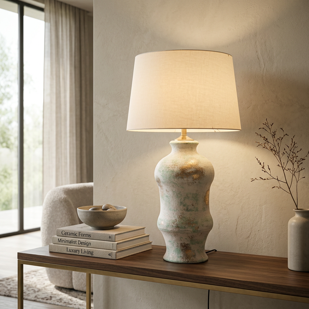 Tall Distressed Natural Lamp Base with Off White Shade