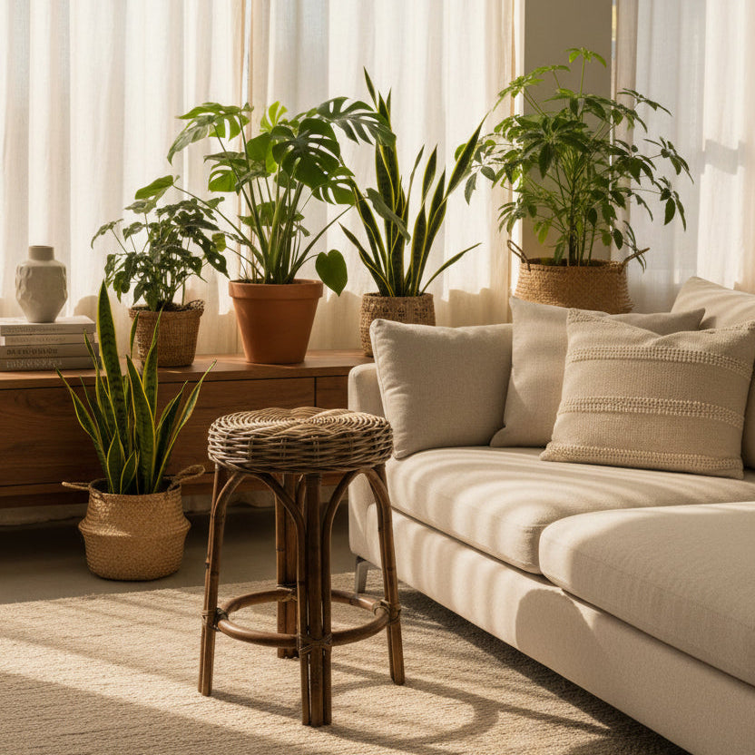 A rustic wicker and bamboo bar stool with a round woven seat, dark brown bamboo legs, and a circular footrest, shown on a light gray background.