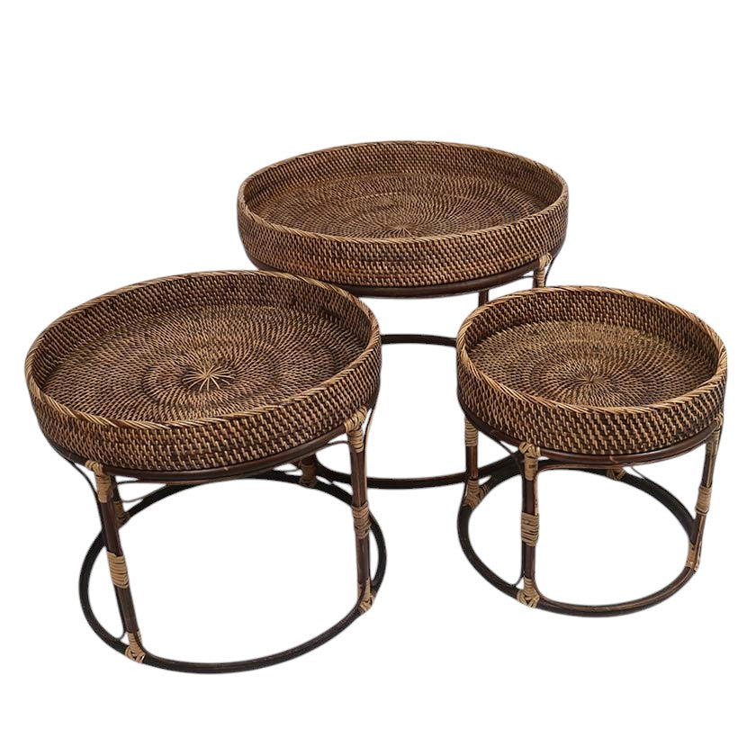 Rattan Nest Tables Set of 3 Dark