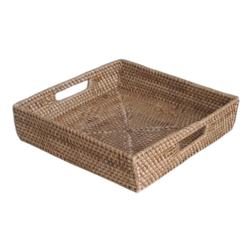 Rattan Napkin Basket with Handles Square Motif