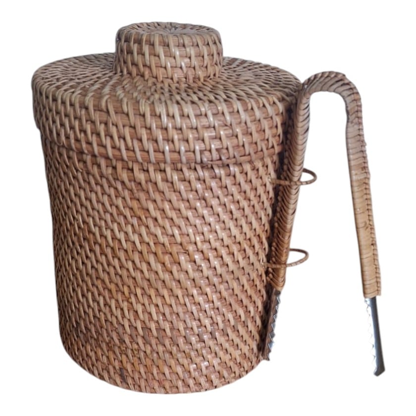 RATTAN ICE BUCKET WITH LINING & TONG SET