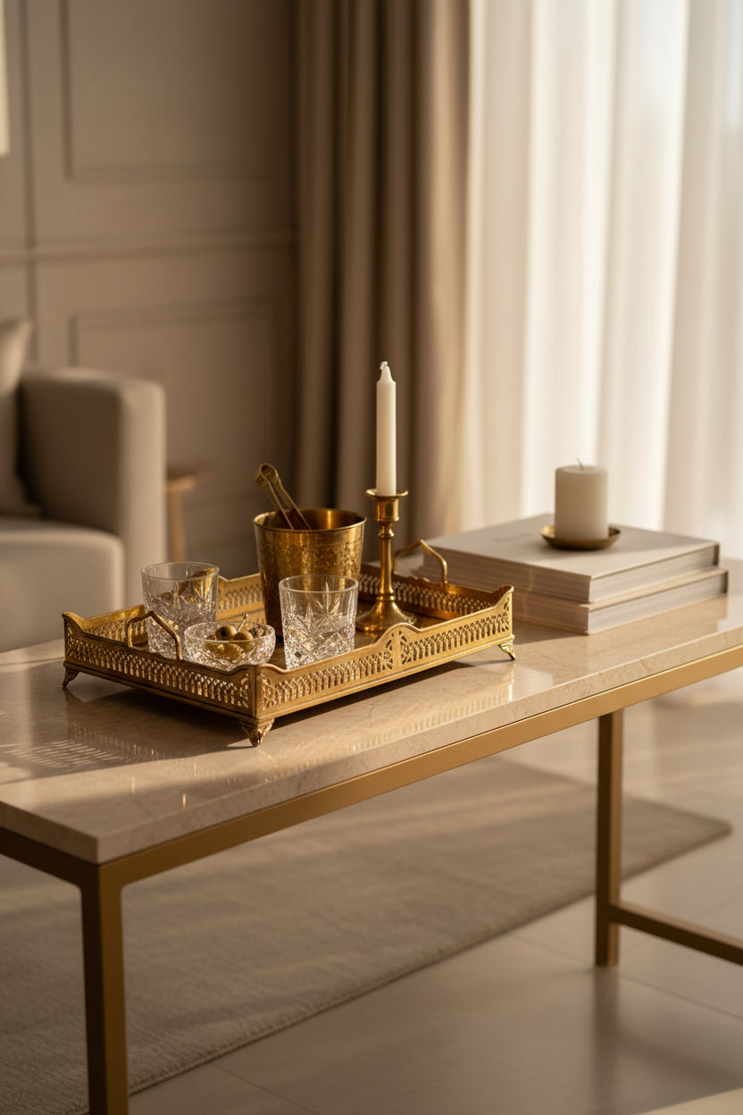 An ornate rectangular wooden serving tray with a polished gold-toned metal border, decorative cutout patterns, and two loop handles, shown on a plain white background.
