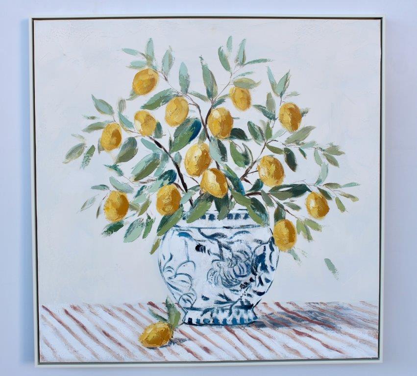 Large Hand painted Blue Pot with Lemons Picture