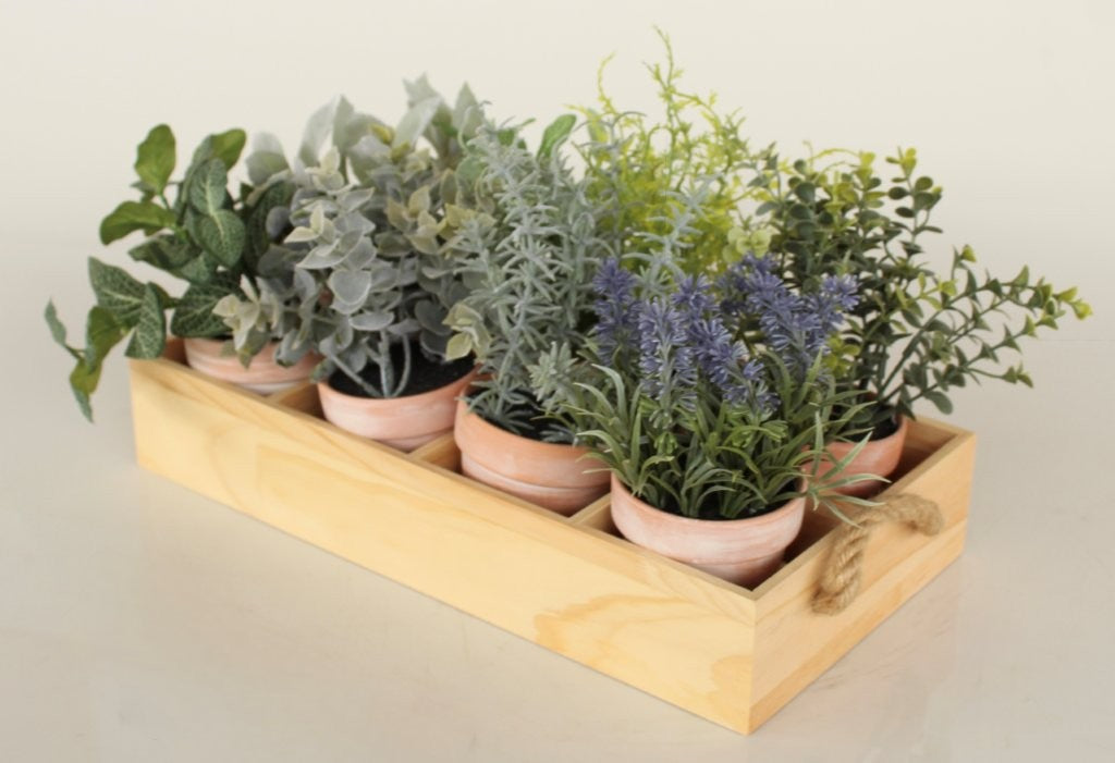 SET OF 8 FAUX HERBS POTS IN WOODEN TRAY WITH HANDLE