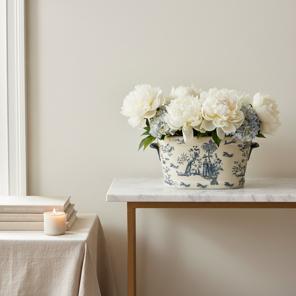 Decorative ceramic planter with blue floral and landscape design on a white background