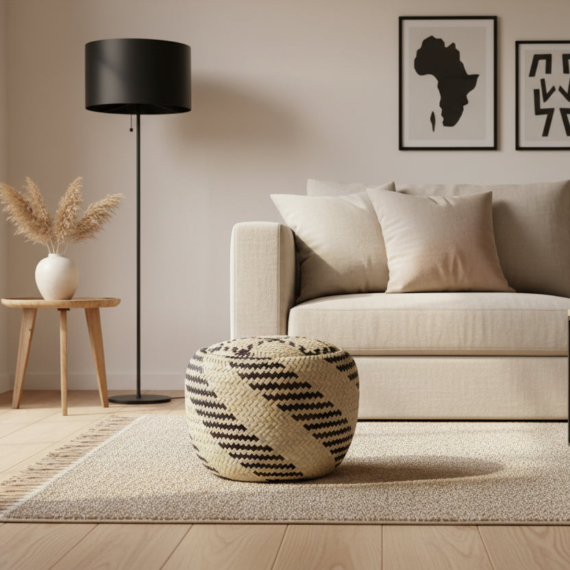 A round woven basket with a fitted lid, featuring a natural beige straw base with black geometric zigzag patterns, isolated on a white background.