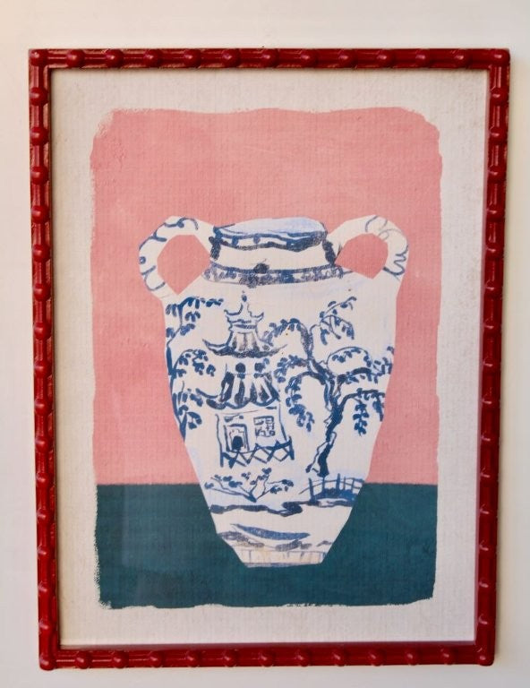 Blue Vase in Red Bobble Frame Picture