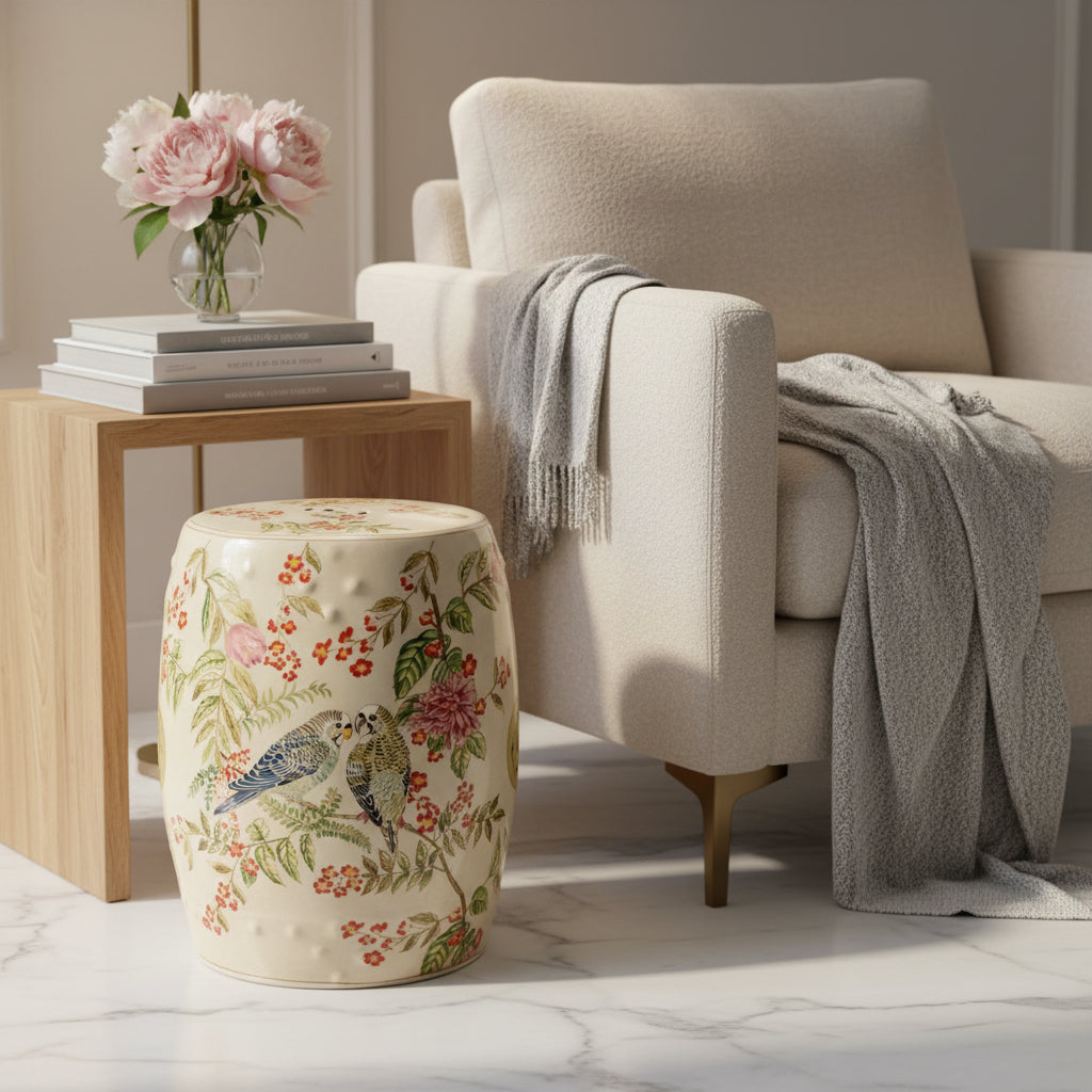 Decorative ceramic stool with bird and floral design on a white background