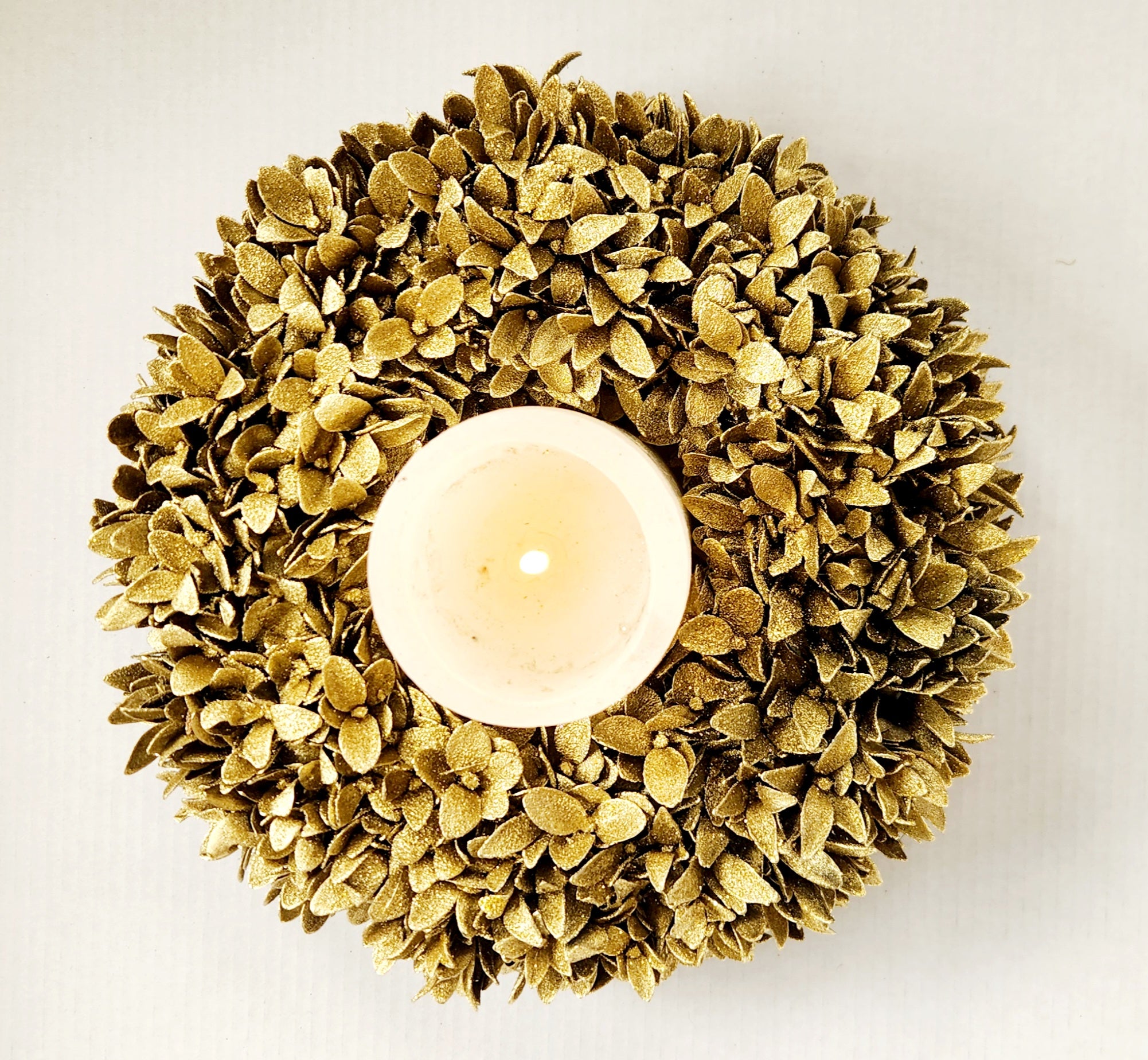 Gold Buxifolia candle wreath in a box