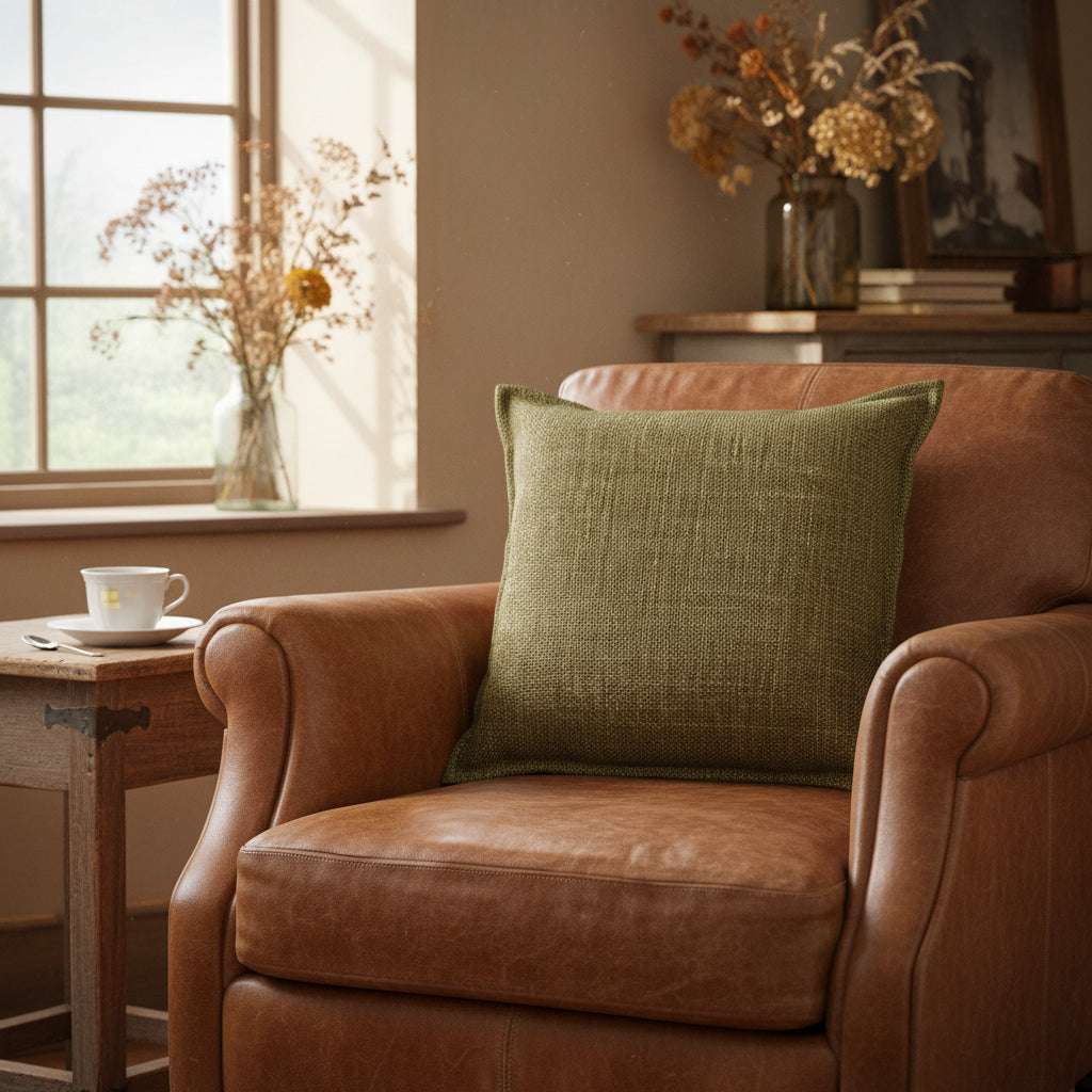 A square throw pillow in a textured olive green woven fabric, shown against a plain white background.
