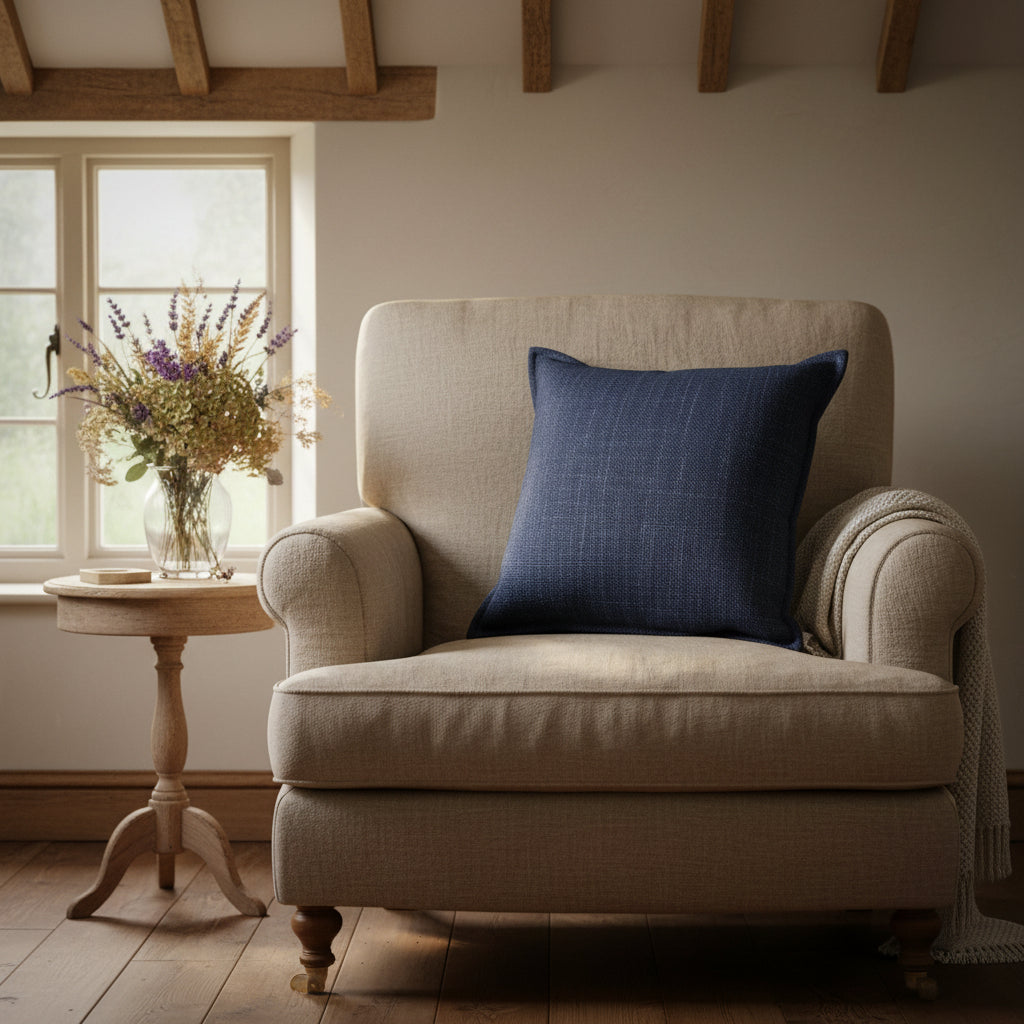 A square throw pillow in a textured navy blue fabric, shown against a plain white background.