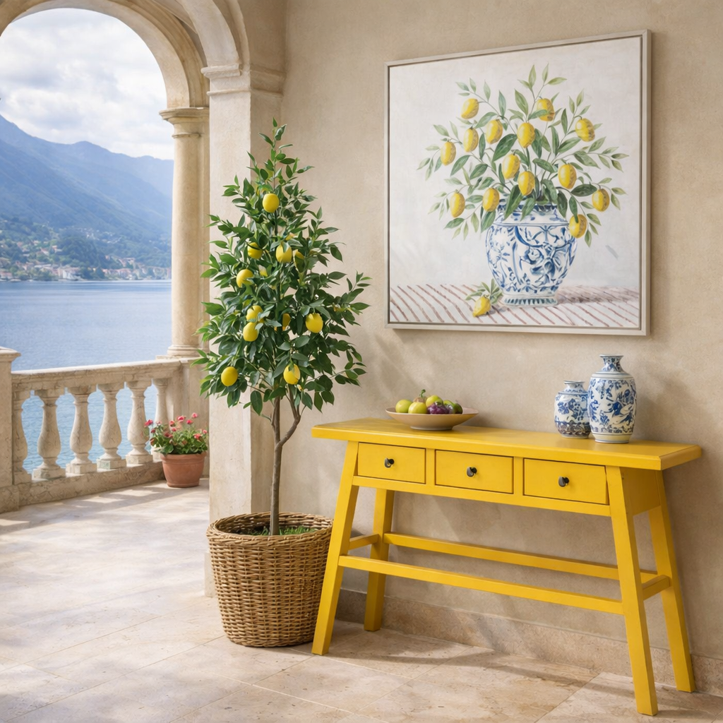 Large Hand painted Blue Pot with Lemons Picture