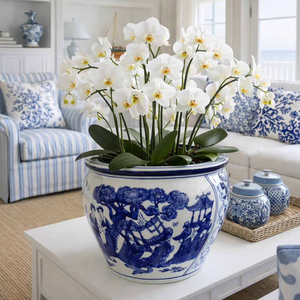 EXTRA LARGE BLUE & WHITE CERAMIC PLANTER