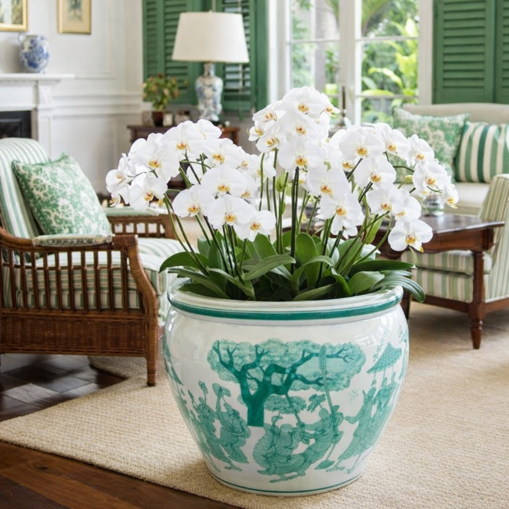 EXTRA LARGE WHITE & GREEN CERAMIC PLANTER