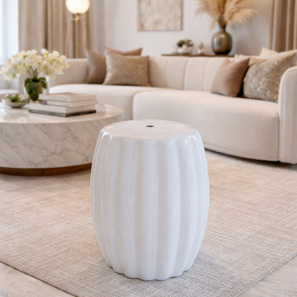 WHITE SHAPED CERAMIC GARDEN STOOL