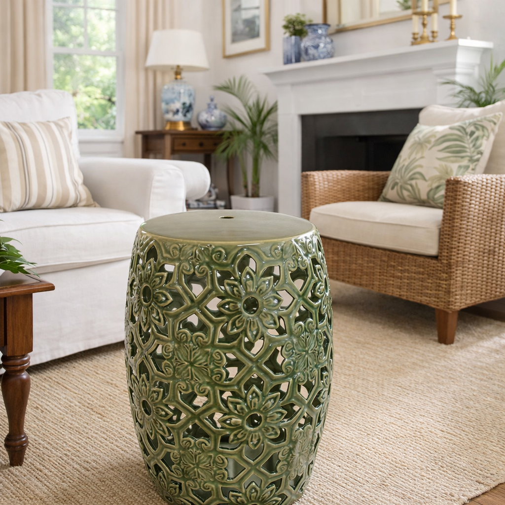 DARK GREEN FLORAL CUT-OUT CERAMIC GARDEN STOOL