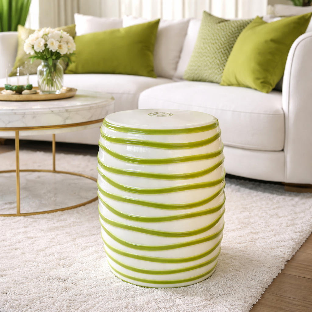 LIME GREEN WAVEY CERAMIC GARDEN STOOL