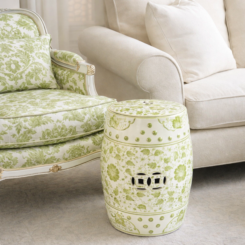 LIME GREEN FLORAL CERAMIC GARDEN STOOL