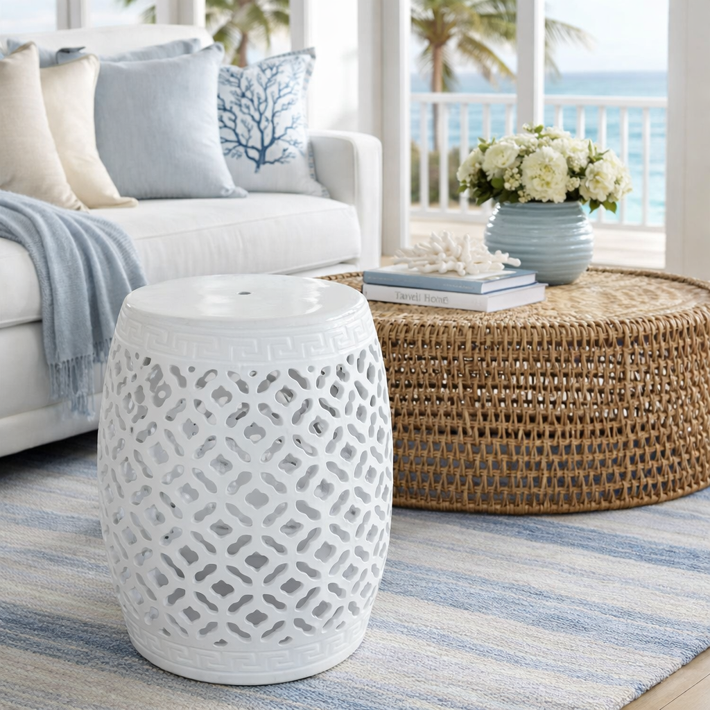WHITE CUT-OUT CERAMIC GARDEN STOOL