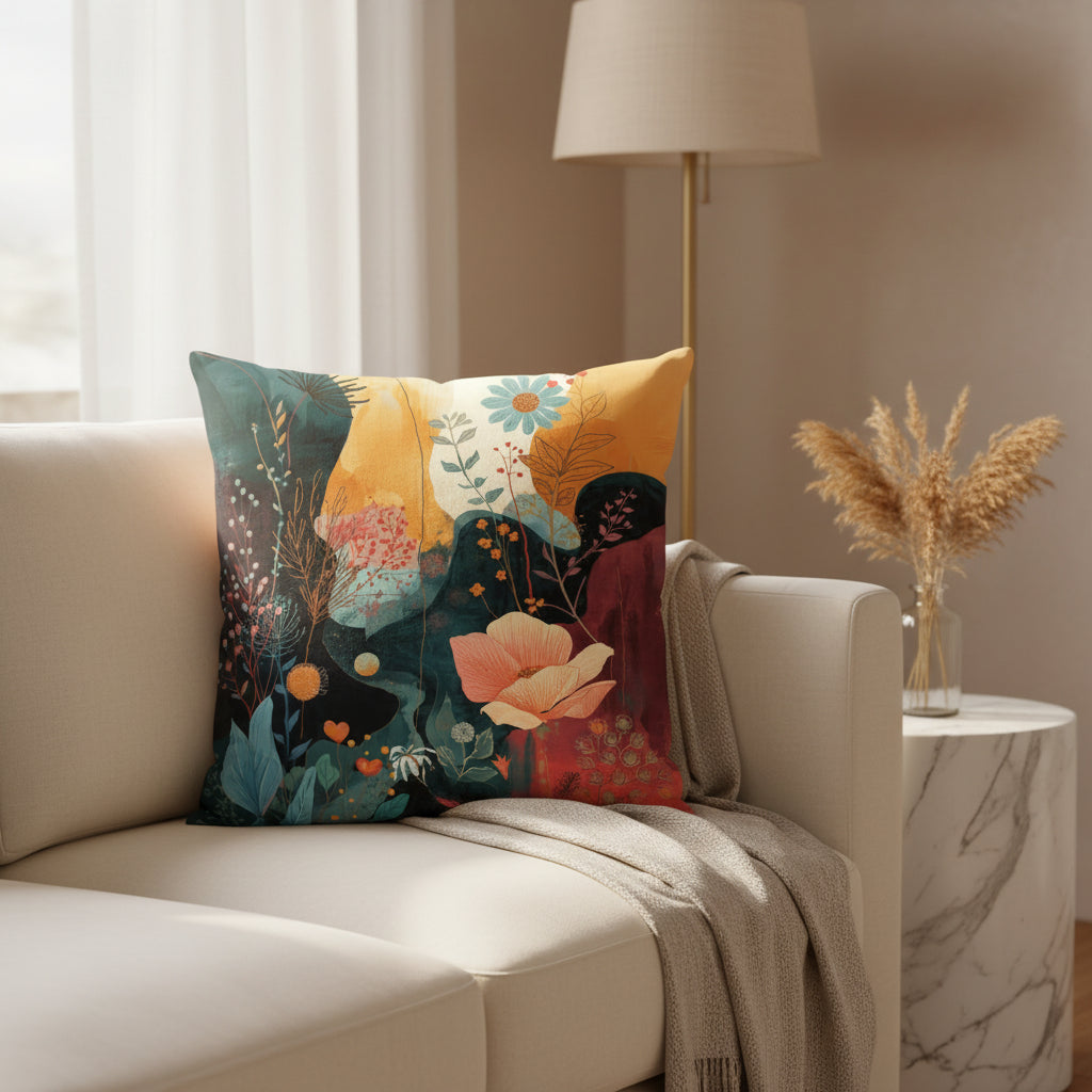 Decorative pillow with colorful floral and leaf design on a white background