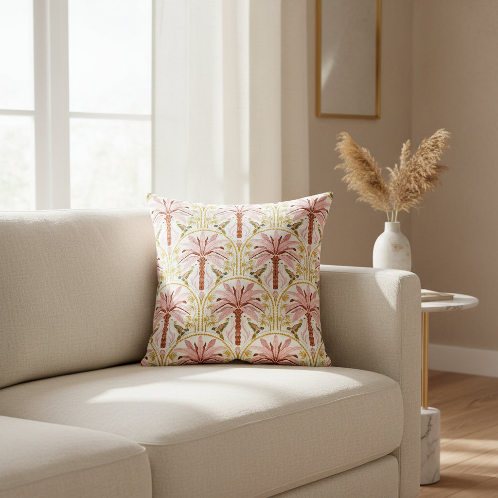 Decorative pillow with pink palm tree pattern on a white background