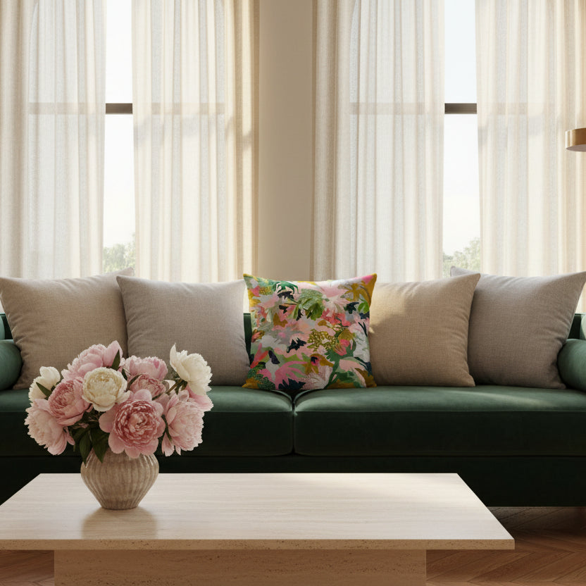 Colorful floral-patterned pillow on a white background