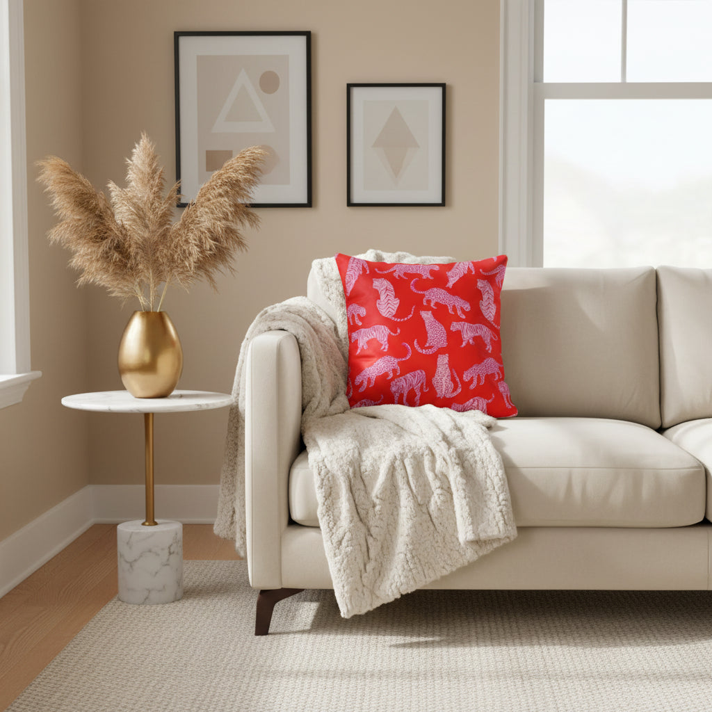 Red pillow with pink tiger pattern on a white background