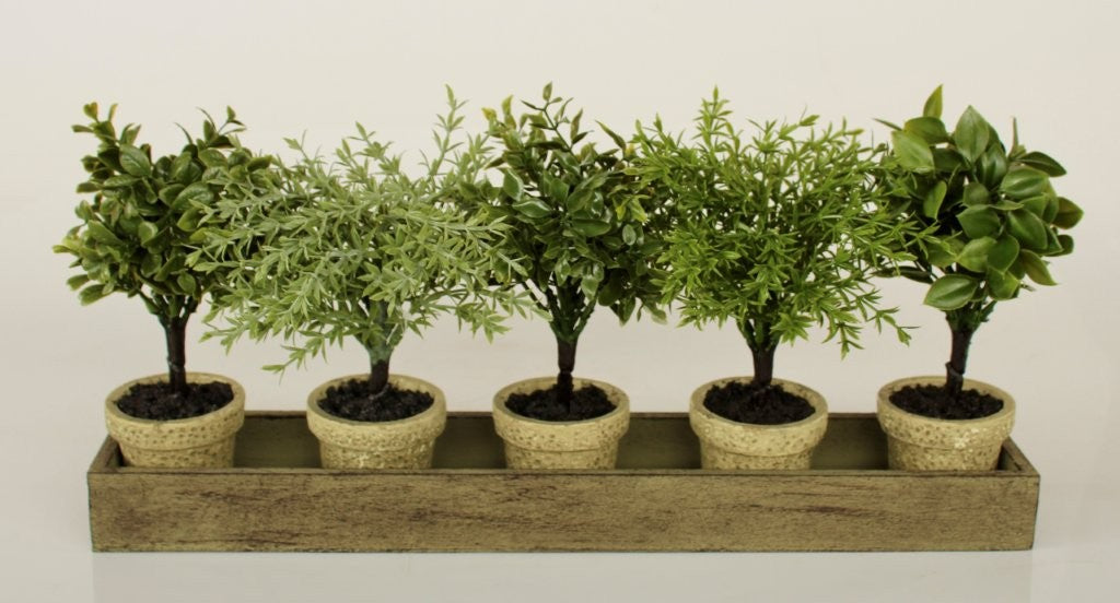 5 SMALL FAUX PLANTS IN WOOD TRAY