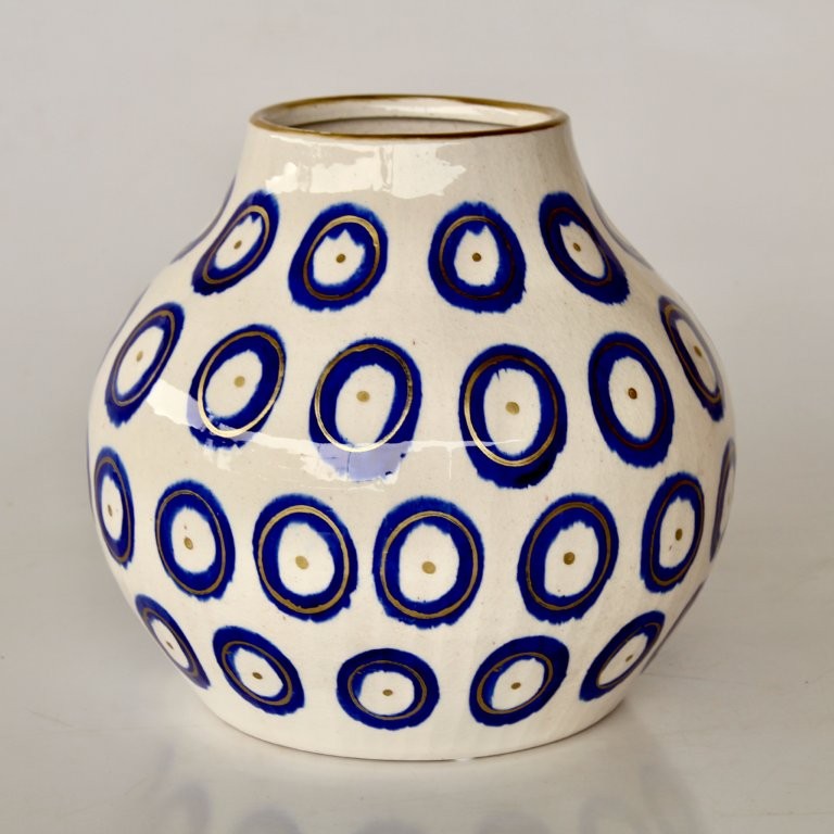Medium Blue Circle Ceramic Vase Gold Trim