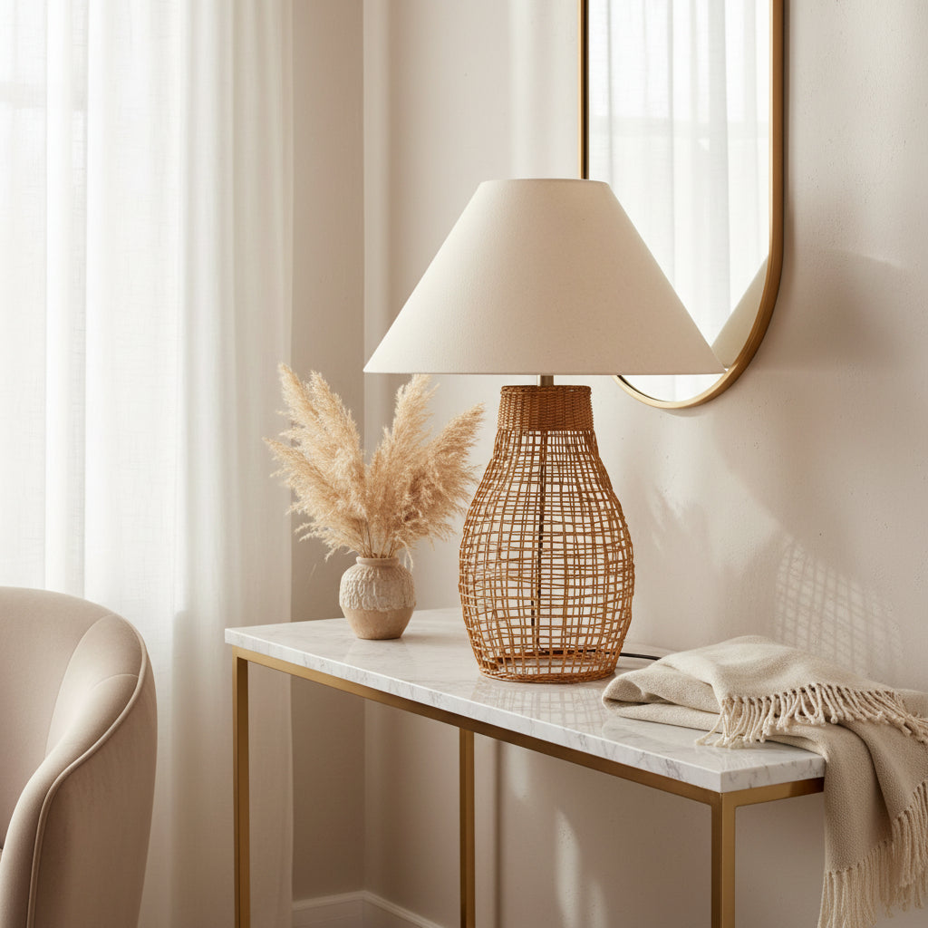 Table lamp with wicker base and beige lampshade on a white background