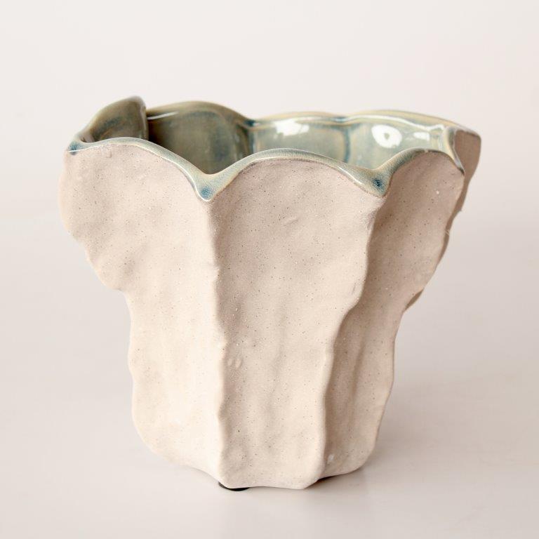 Ceramic Fluted Vase with Green Inside