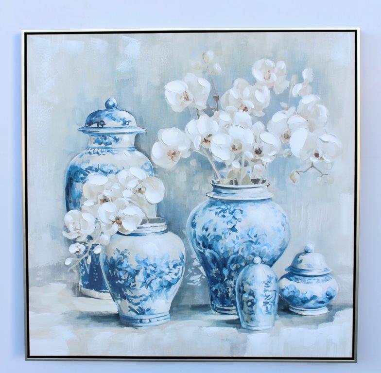Extra Large Handpainted 5 Blue Pots with Orchids Picture