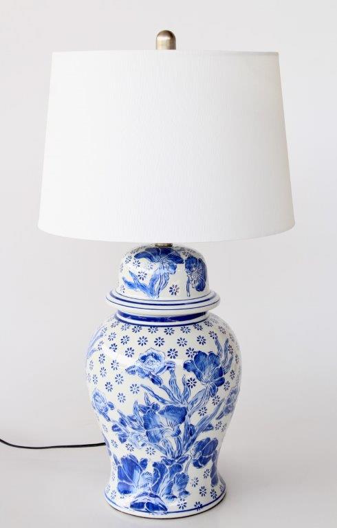Blue & White Floral Lamp Base with Off White Finial & Harp Shade