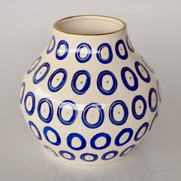 Extra Large Blue Circle Ceramic Vase Gold Trim
