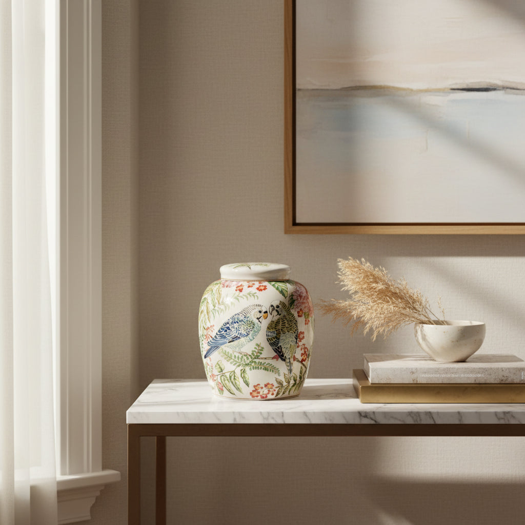 Decorative ceramic jar with parrot design on a white background