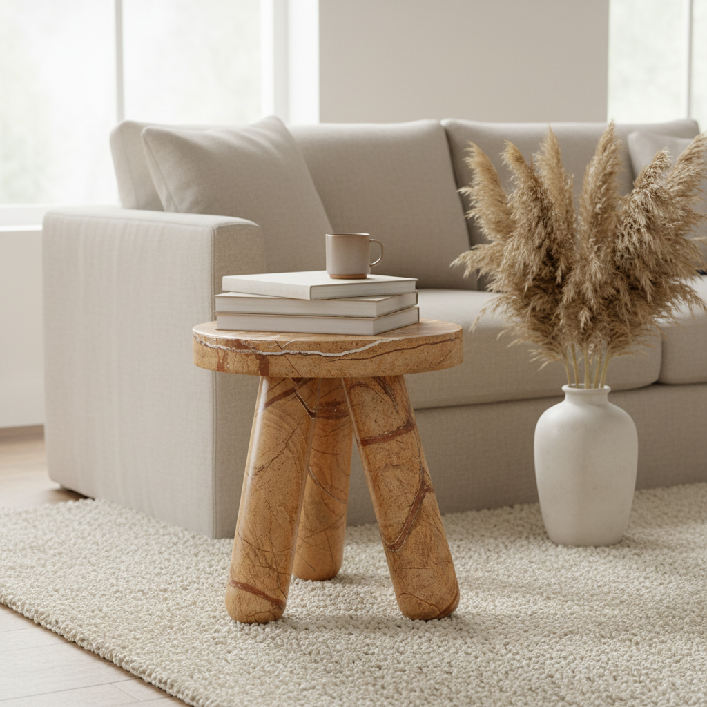 Marble stool with a natural finish on a white background