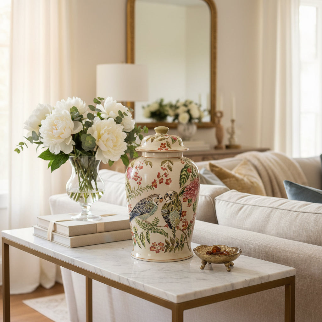 Decorative ceramic jar with parrot and floral design on a white background