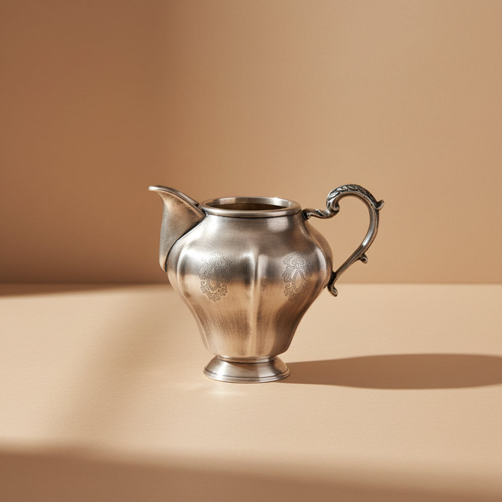 A vintage silver-toned metal pitcher with a flared base, a curved spout, and an ornate handle, shown on a plain white background.