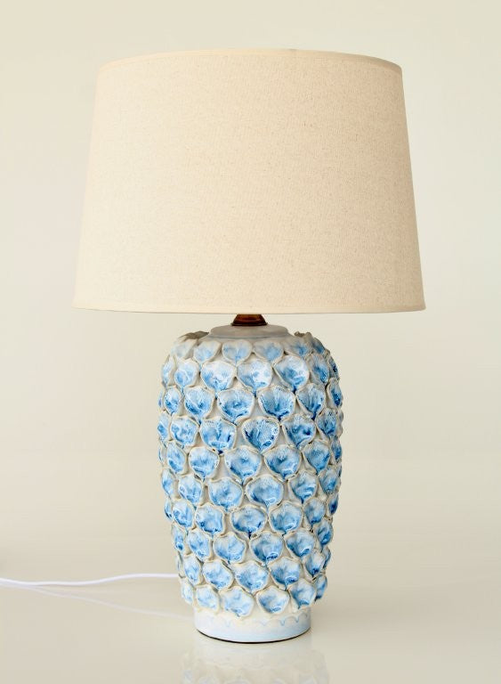 Blue Ceramic Petal Lamp Base Beige Shade