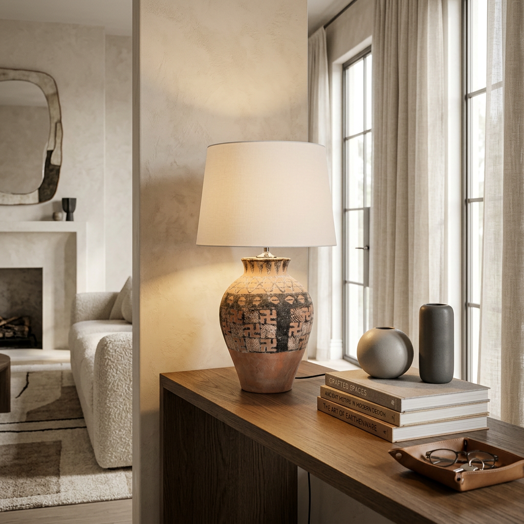 Distressed Brown Tribal Lamp Base Off White Shade