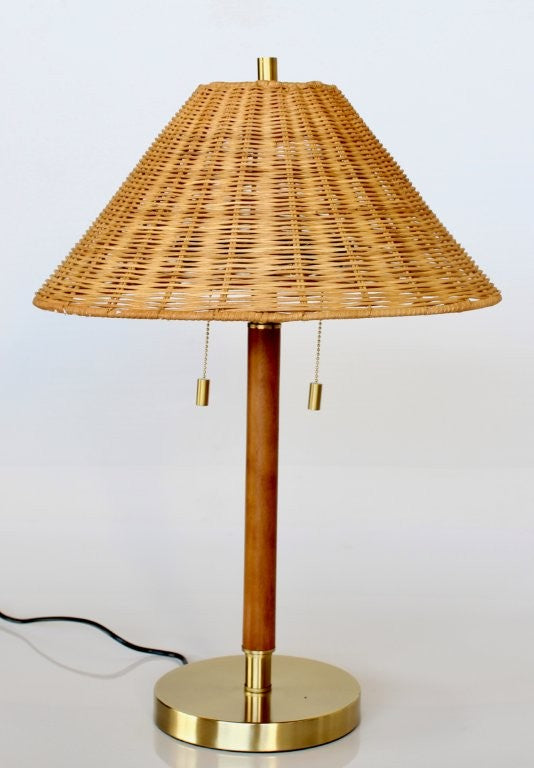 BRASS & WOOD LAMP BASE CANE SHADE