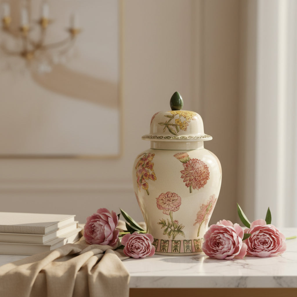 Decorative ceramic jar with floral patterns on a white background