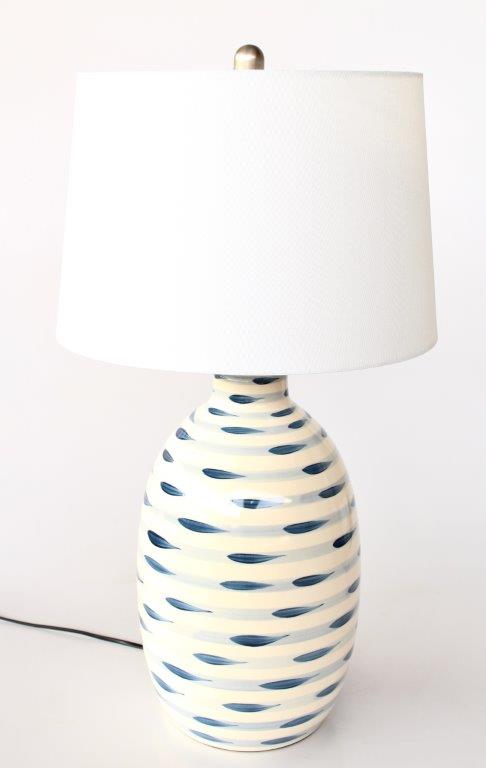 Blue & White Stripes Lamp Base White Finial & Harp Shade