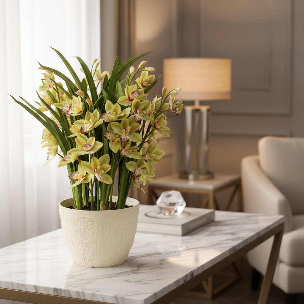 Potted plant with green leaves and yellow flowers on a light background