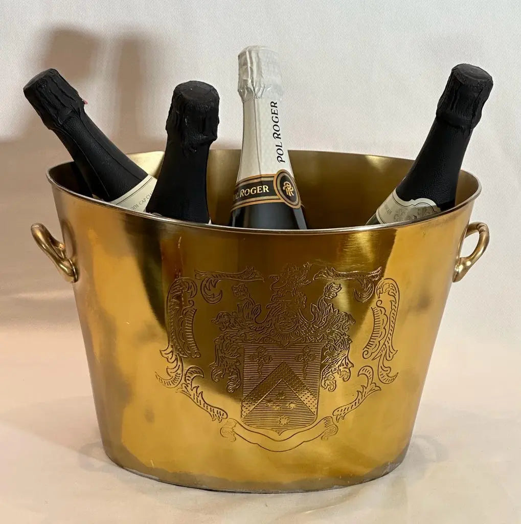 Antique Brass Oval Wine Cooler with Crest - NetDécor