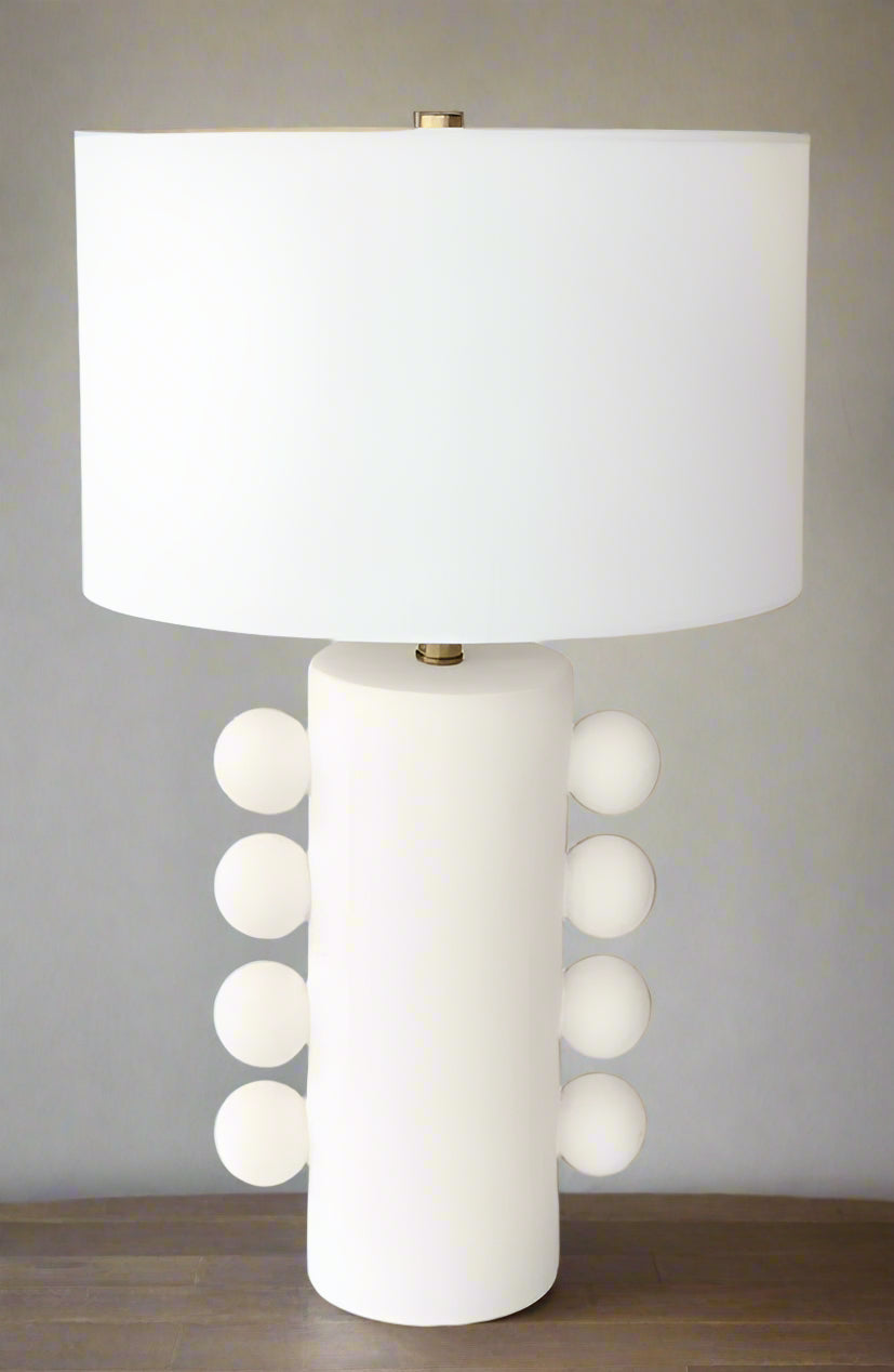 White 8 Bobbles Lamp Base White Finial & Harp Shade