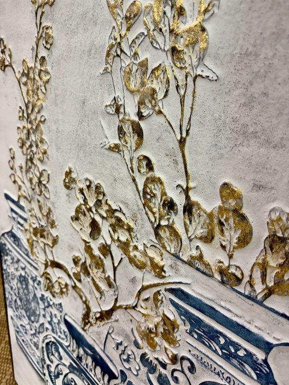 Extra Large Handpainted 3 Blue Pots Gold Flowers Picture