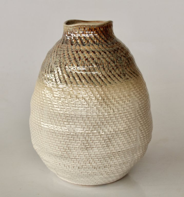 Extra Large Cream Basket Weave Ceramic Vase